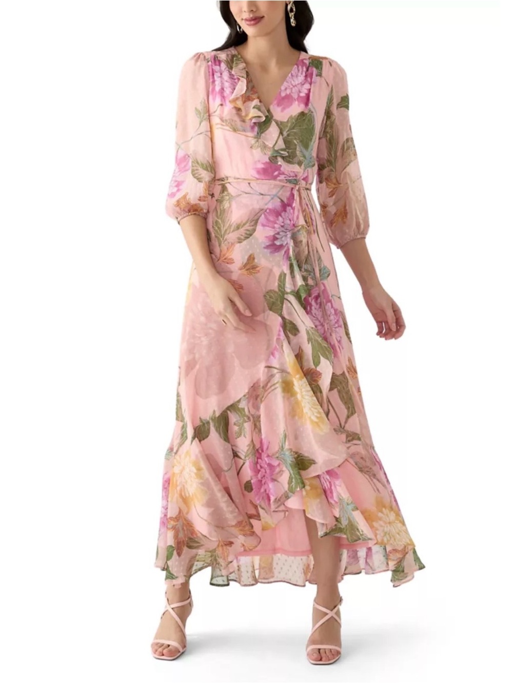 Maison Tara Women’s 3/4 Blouson Sleeve Floral Chiffon Maxi Dress Sz 6 Cottagecor
